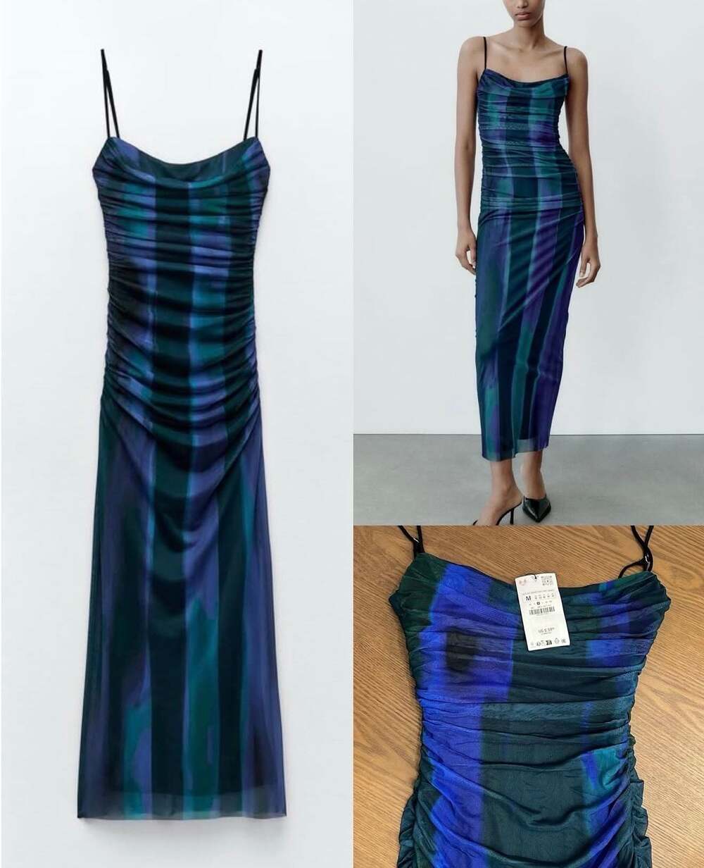 Zara Printed Tulle Ruched Midi Dress